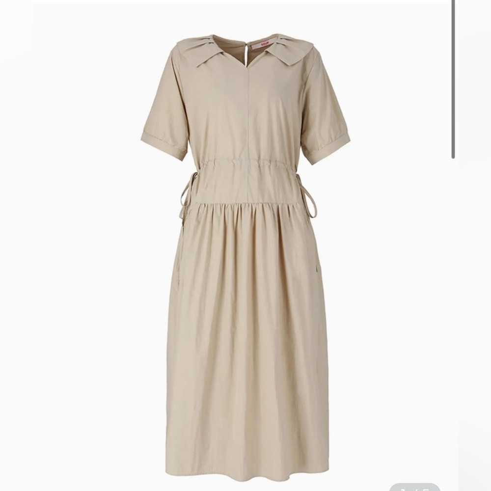 Masion Limo Beige Midi Dress Puff Sleeve Drawstring Waist Minimalist Chic